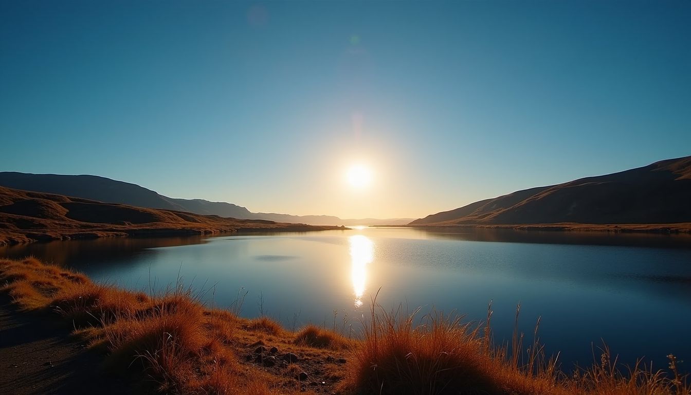 A tranquil scene of Lake Myvatn during the Midnight Sun.