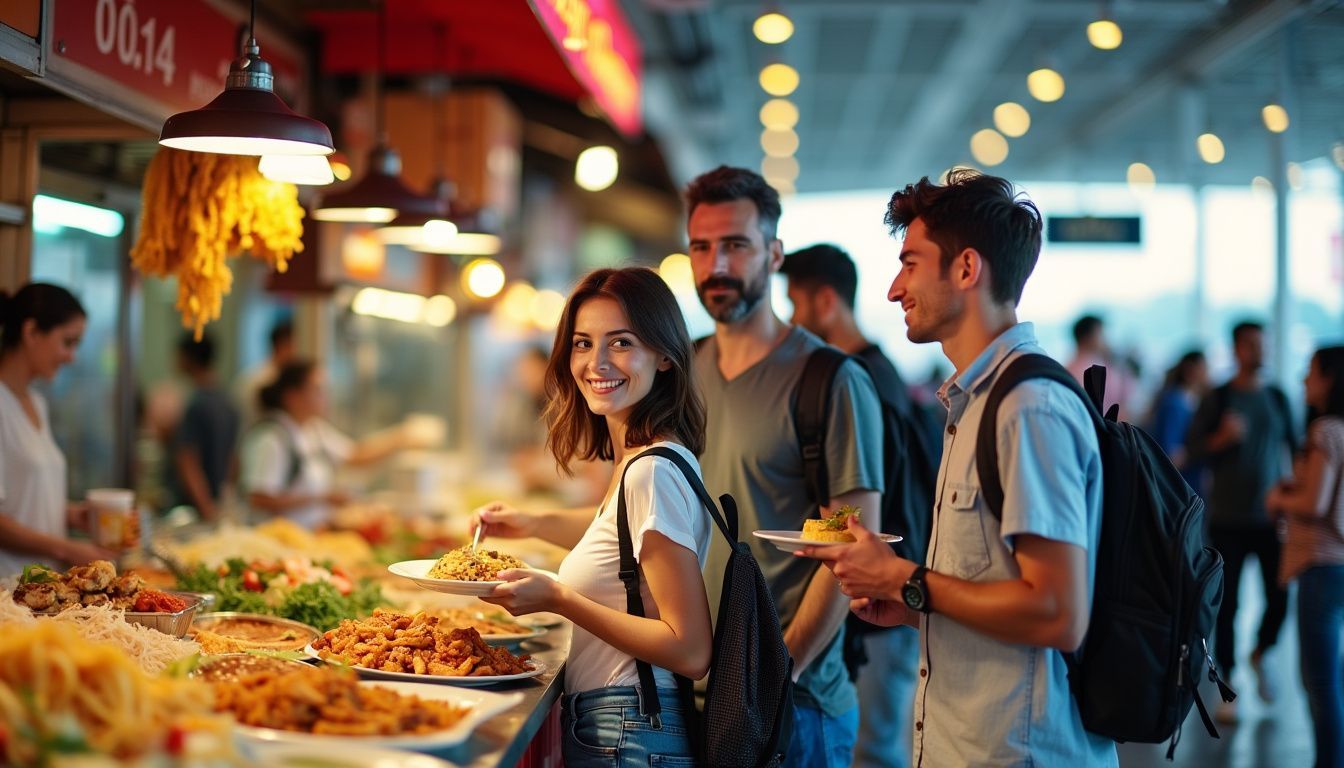 A diverse group of travelers enjoys a lively food market near an airport.