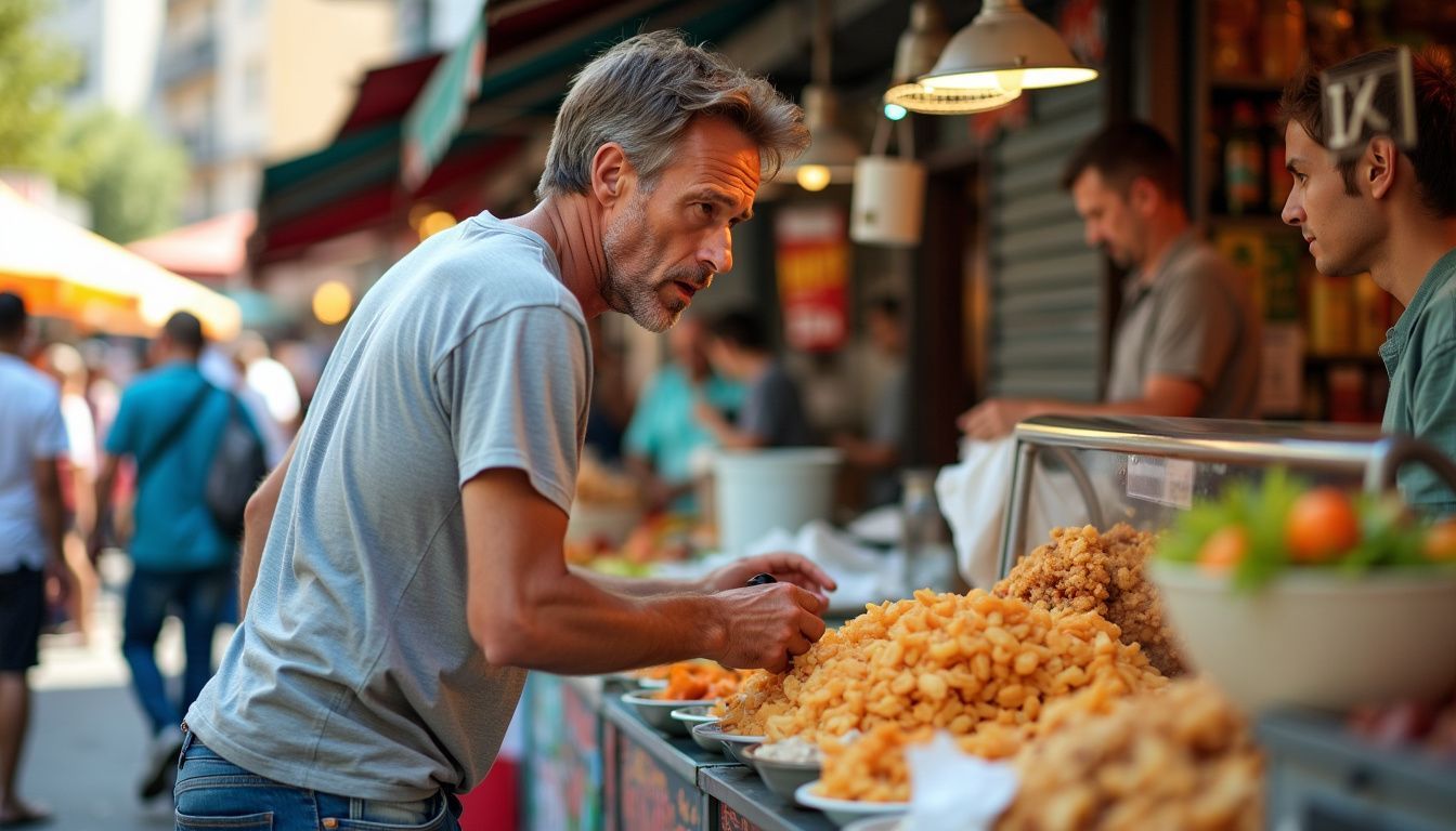 A man observes a street food vendor's cleanliness and organization in a lively marketplace.