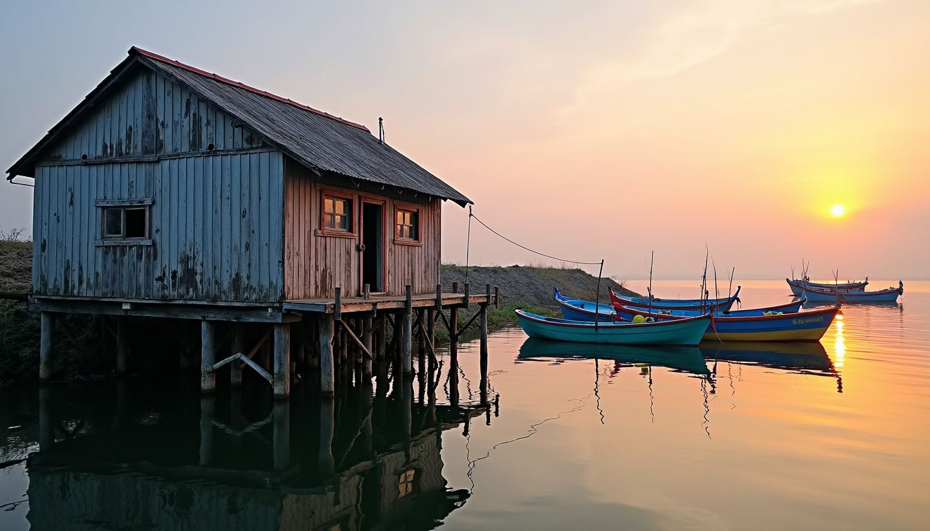 An old boathouse in Ine Fishing Village at sunset, with anchored fishing boats.