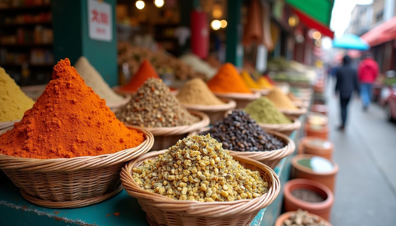 A variety of exotic ingredients and spices displayed at a vibrant market.