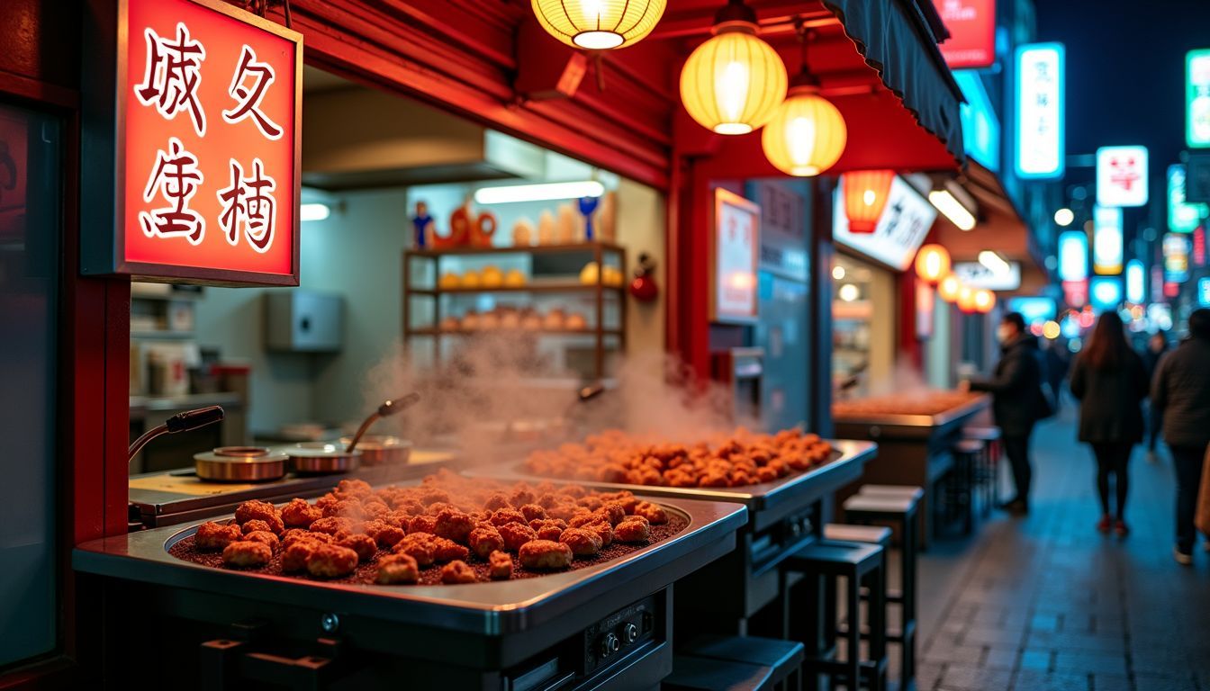 A bustling Tokyo backstreet with a vibrant Korean pork cutlet restaurant.