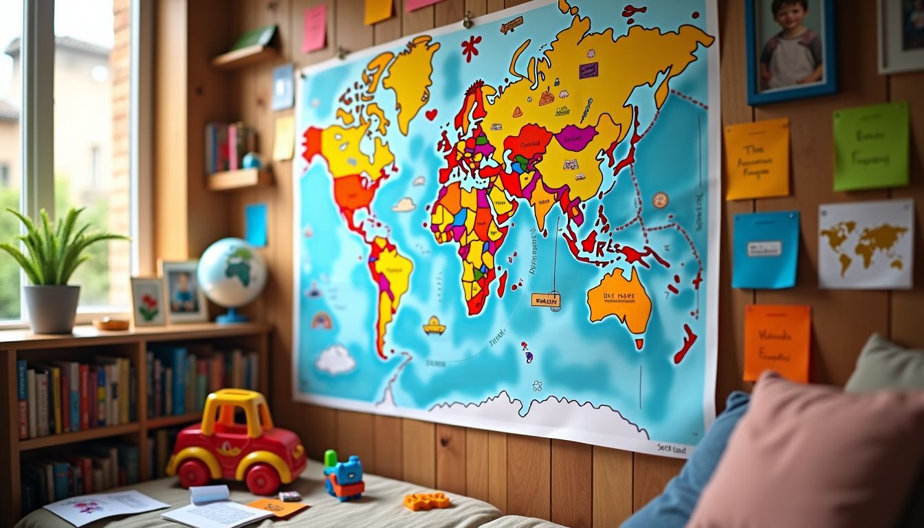 A vibrant world map covered in travel stickers and surrounded by children's drawings and colorful sticky notes in a cozy living room.