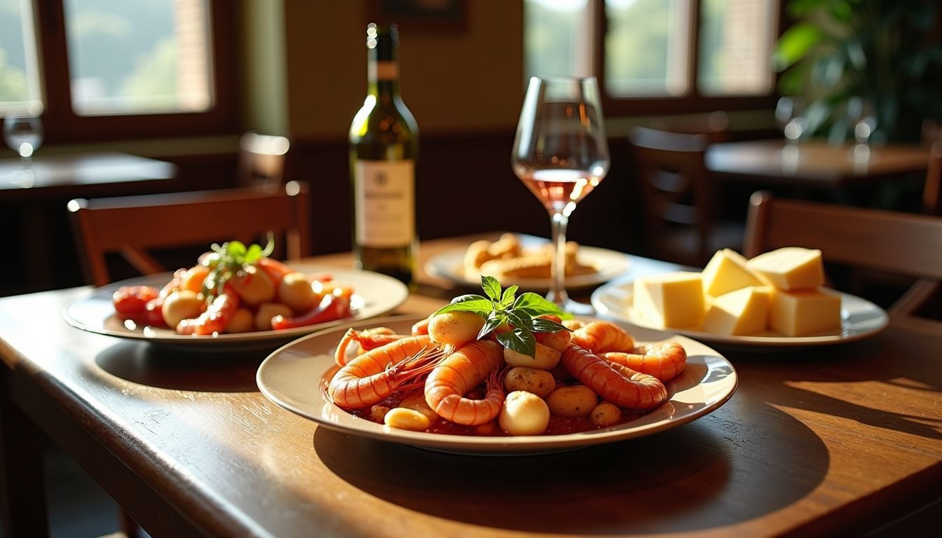 An assortment of seafood and cheese dishes in an Italian trattoria.