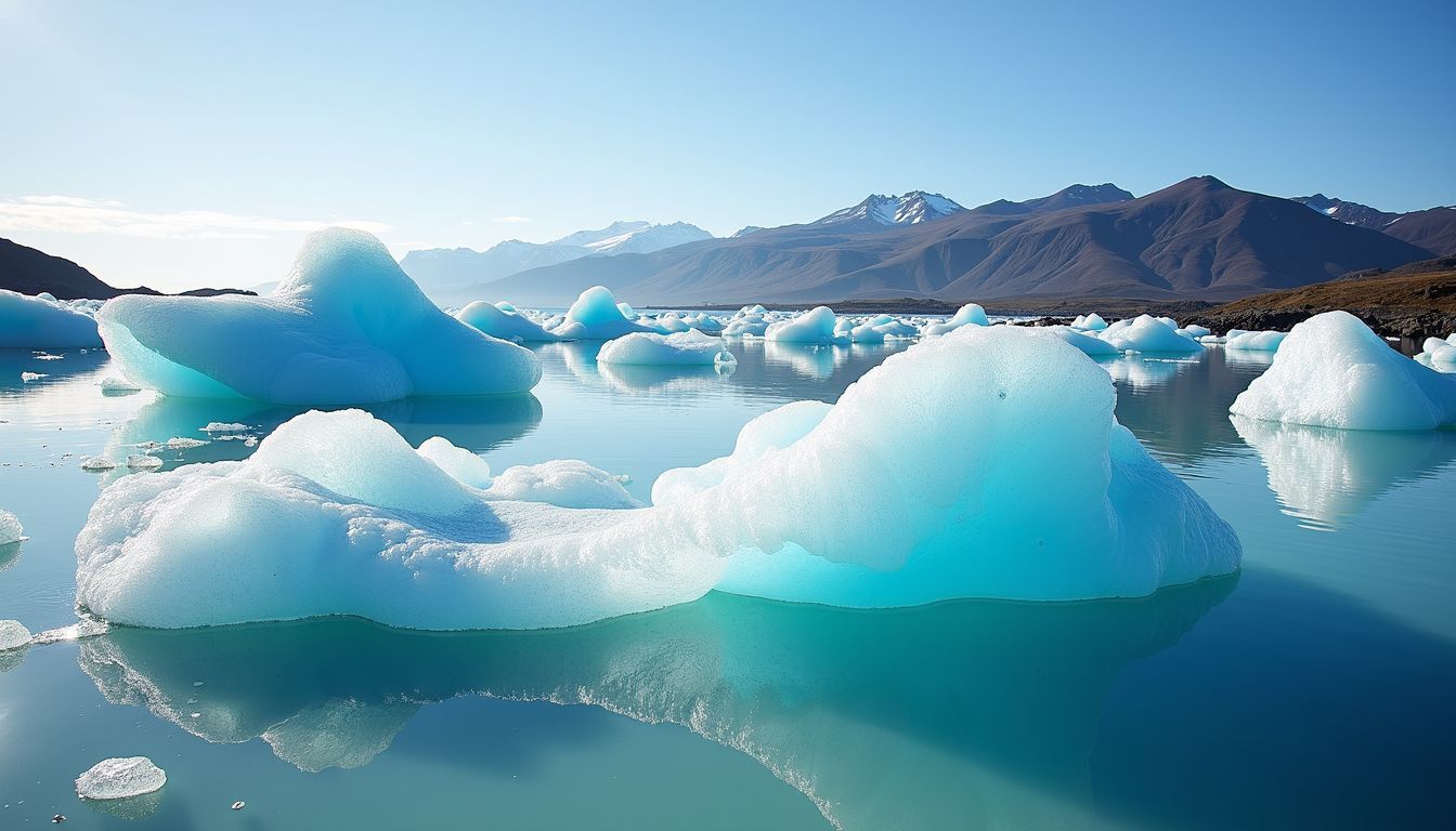 The photo captures the stunning Jökulsárlón Glacier Lagoon with floating icebergs.