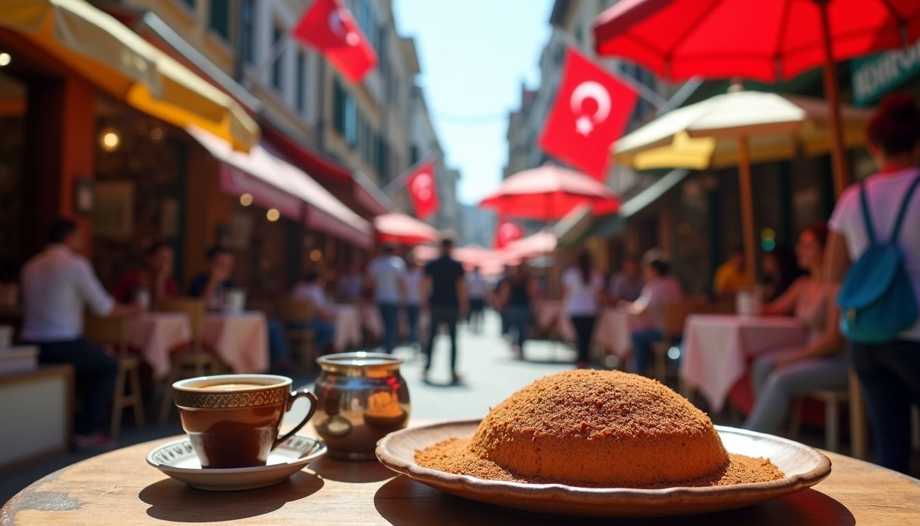 A plate of Künefe, traditional Turkish coffee cups, and sugar syrup.