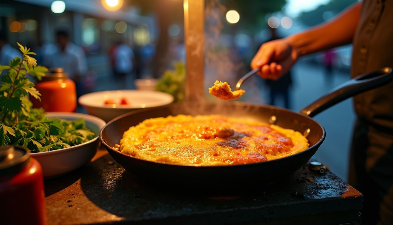 A street food stall in Bangkok cooking a crab omelette.