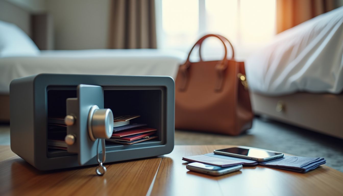 A hotel room with a safe and lockbox holding important belongings.