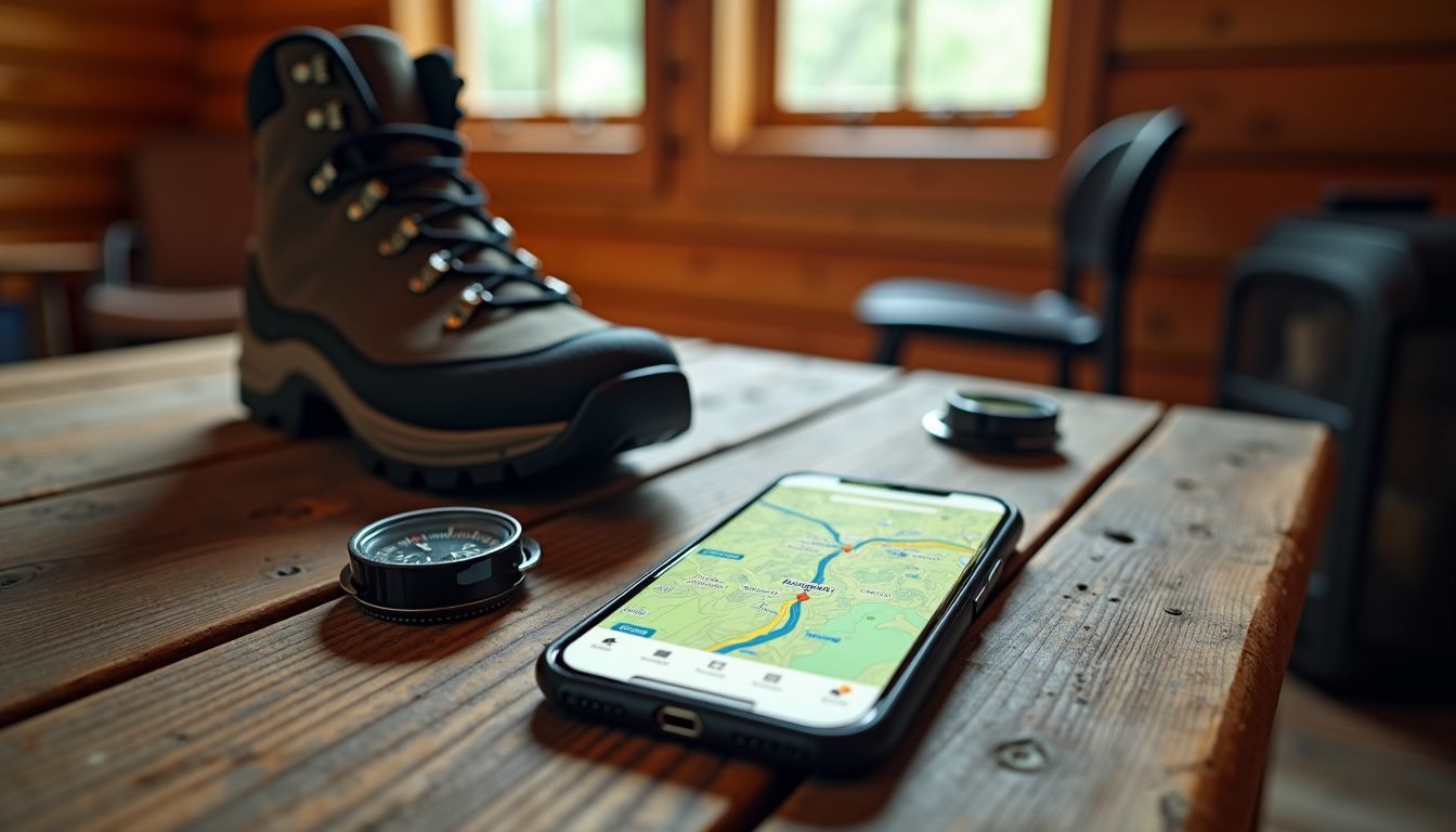 A hiking trail map app, hiking boot, and compass on a cabin table.