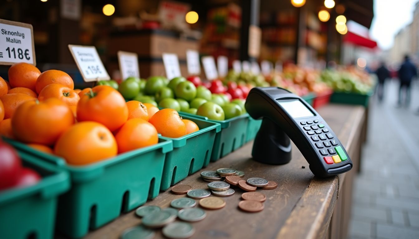 A market stall with produce, price tags, and a contactless payment terminal.