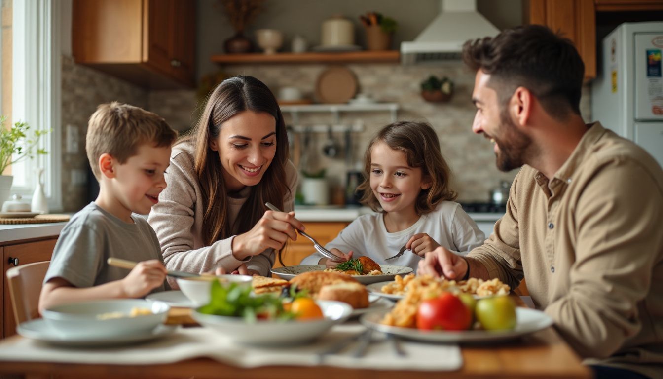 A family of four enjoys a cozy dinner together in their kitchen.