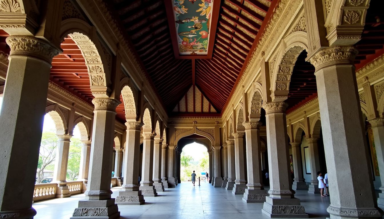 Detailed carvings and paintings on the ceilings of Klungkung Royal Courts.