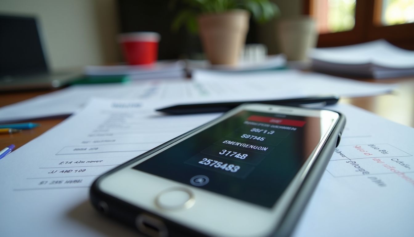 A smartphone with emergency numbers displayed on a cluttered desk.