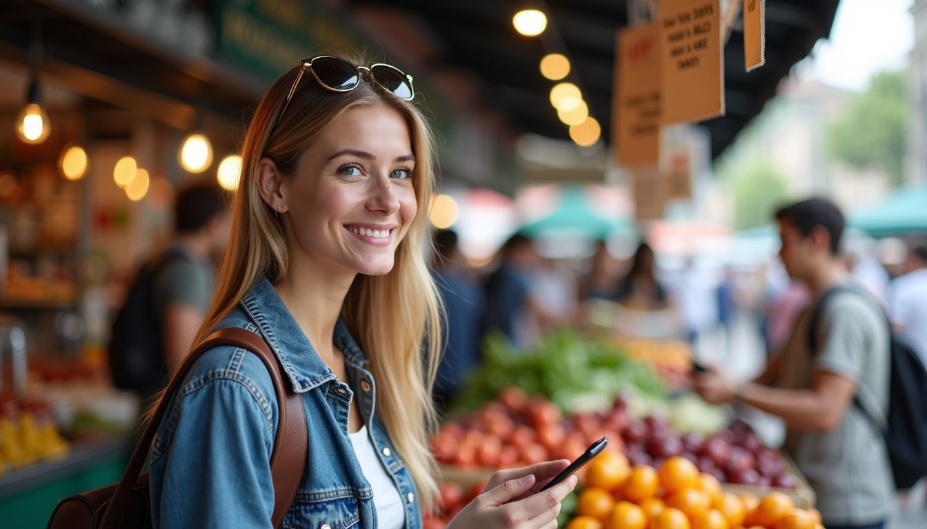 A traveler explores a bustling food market with diverse payment options.