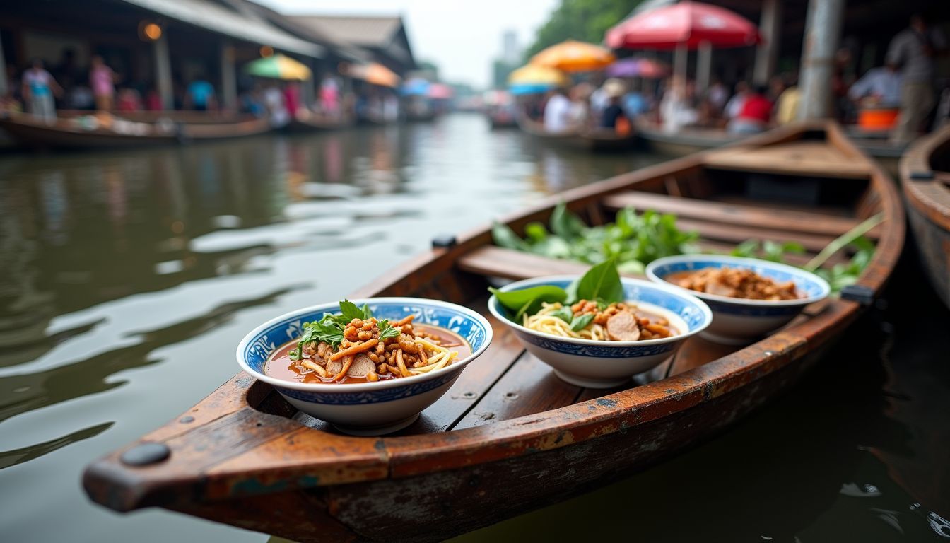 A wooden boat at the Damnoen Saduak Floating Market serves Thai Boat Noodles.