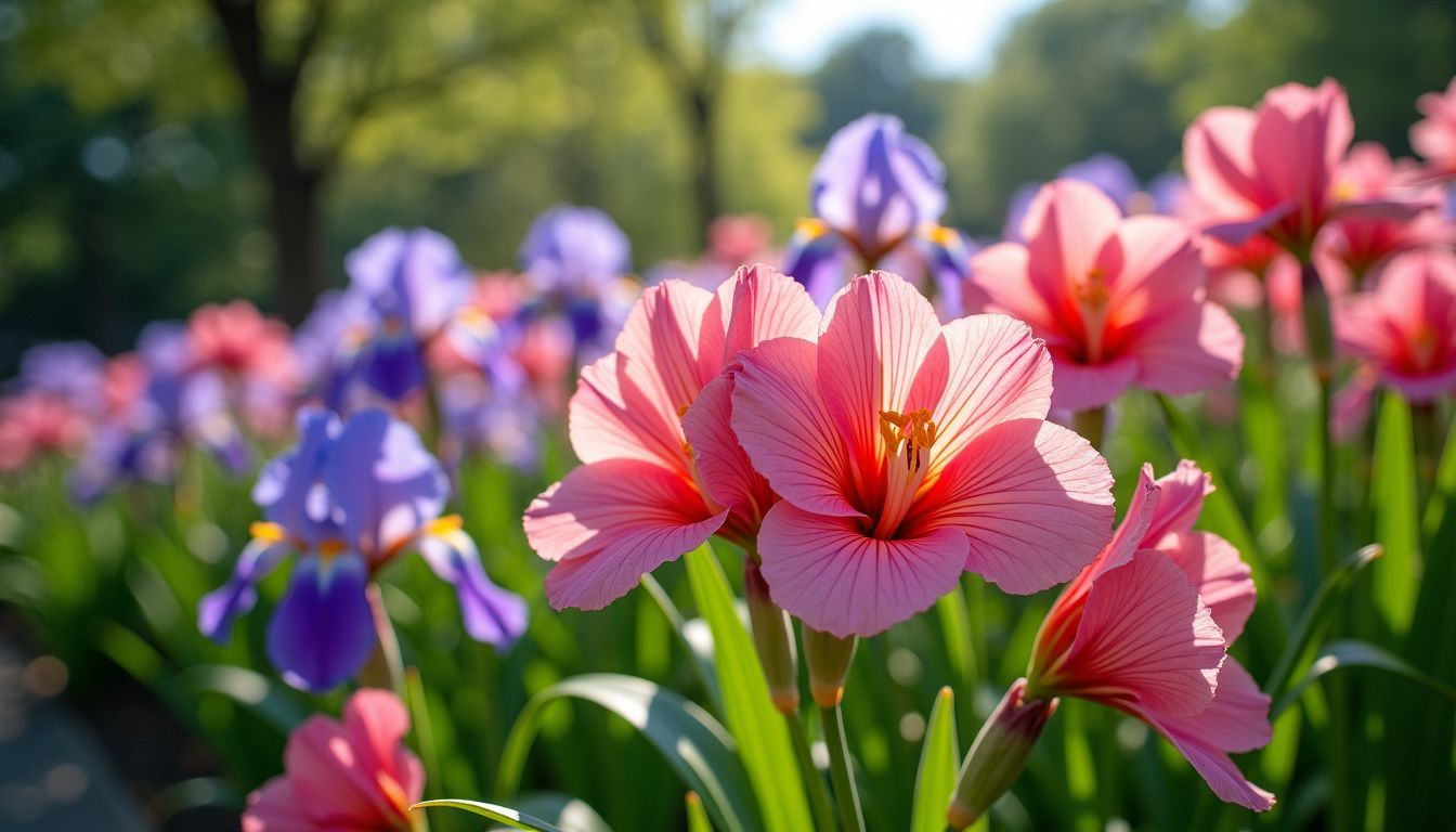 Vibrant blooming azaleas and irises in Kyoto Botanical Gardens.