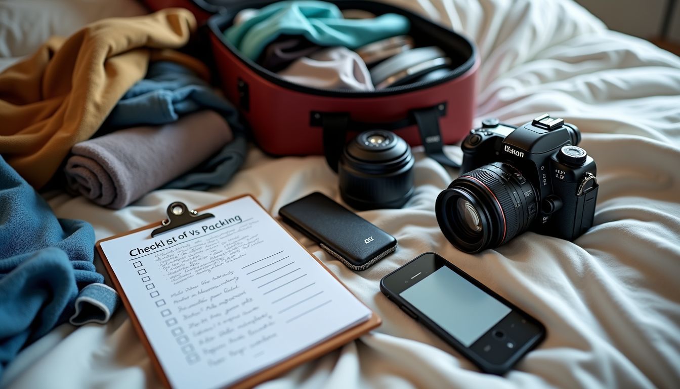 A messy travel bag with spilled items and a packing checklist.