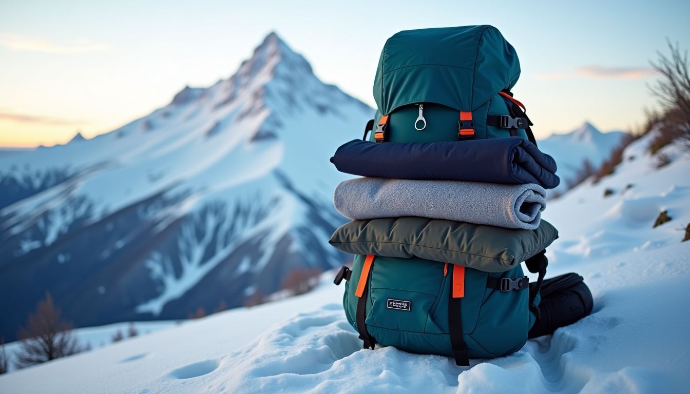 A snow-covered mountain peak with a backpack and layers of clothing.