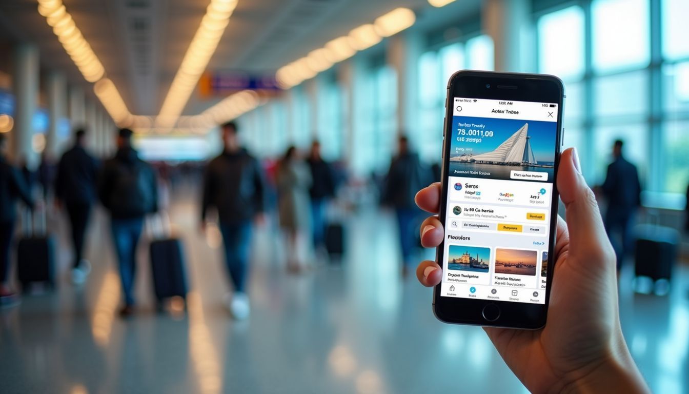 An airport terminal with a mobile phone displaying travel deal apps.