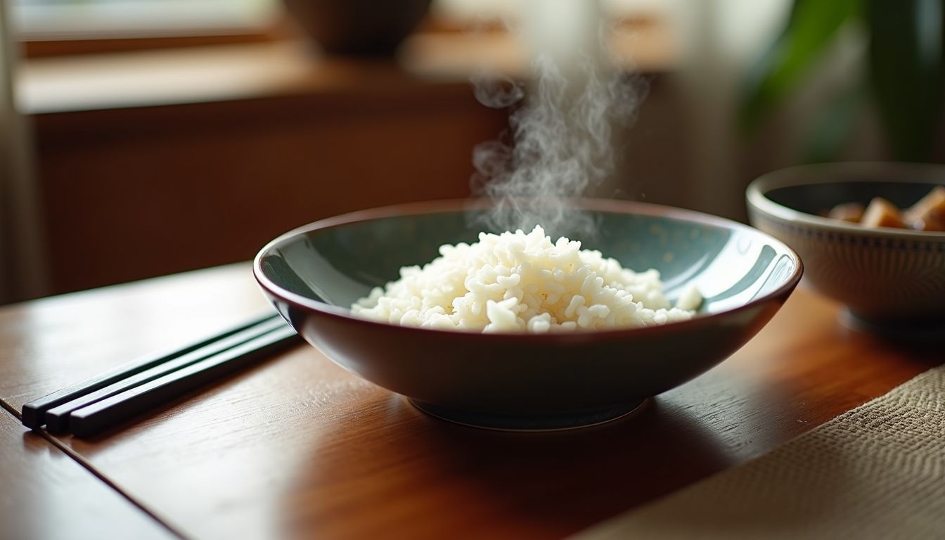 A dining table set with traditional Chinese elements, including rice and chopsticks.