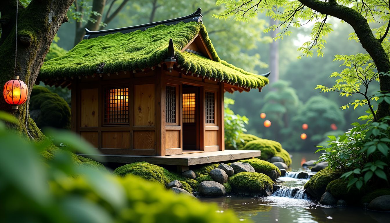 A traditional wooden tea house nestled in a peaceful garden.