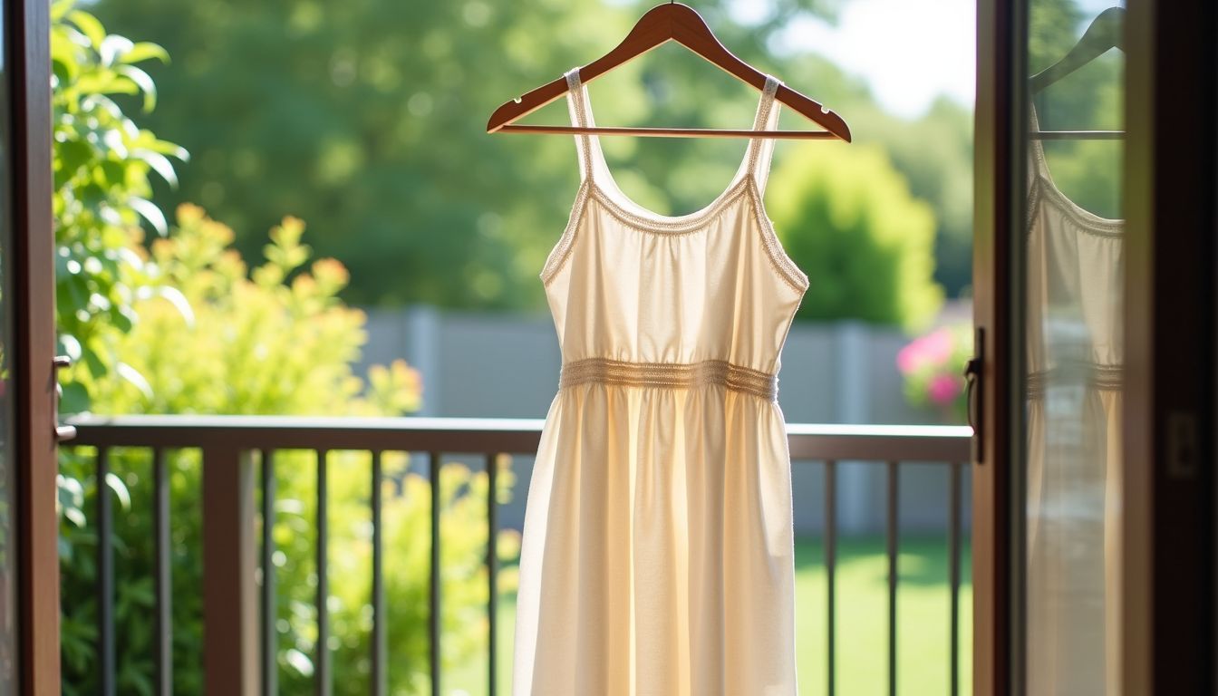 A cotton sundress gently sways on a hanger on a balcony overlooking a garden.