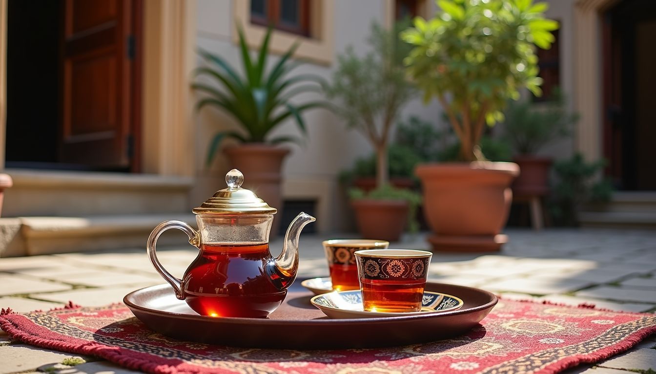 A rustic Turkish tea set displayed on a traditional rug.