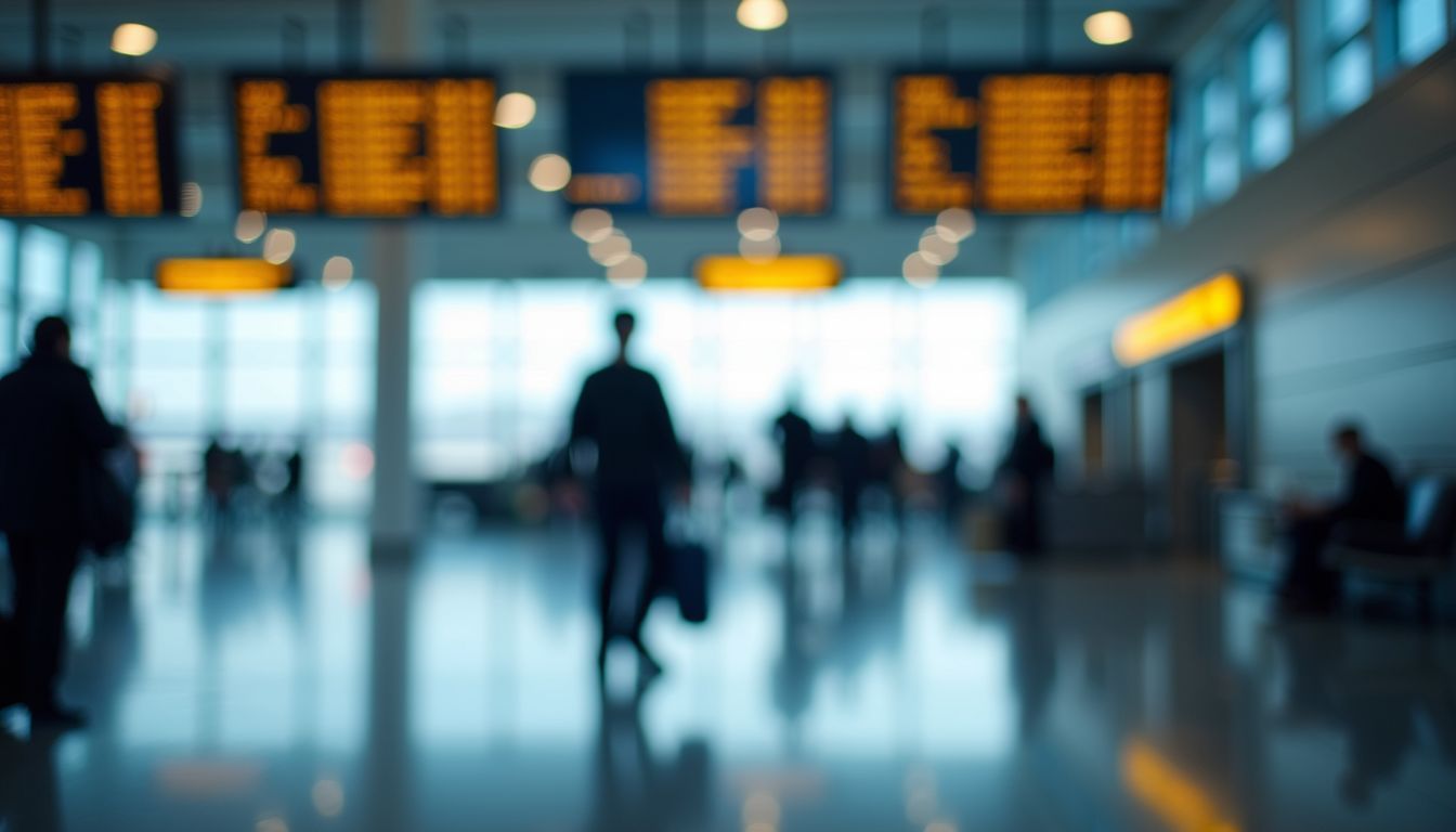 An airport terminal with digital flight information screens and blurred background.