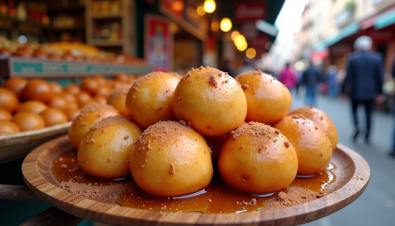 A close-up of golden-brown Lokma on a rustic wooden platter.