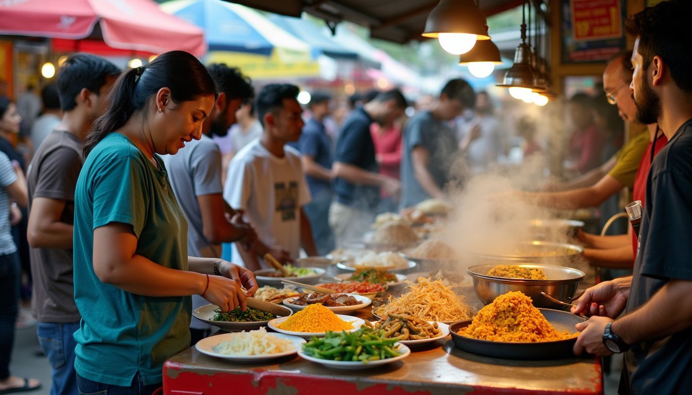 A bustling street food stall in a vibrant outdoor market.