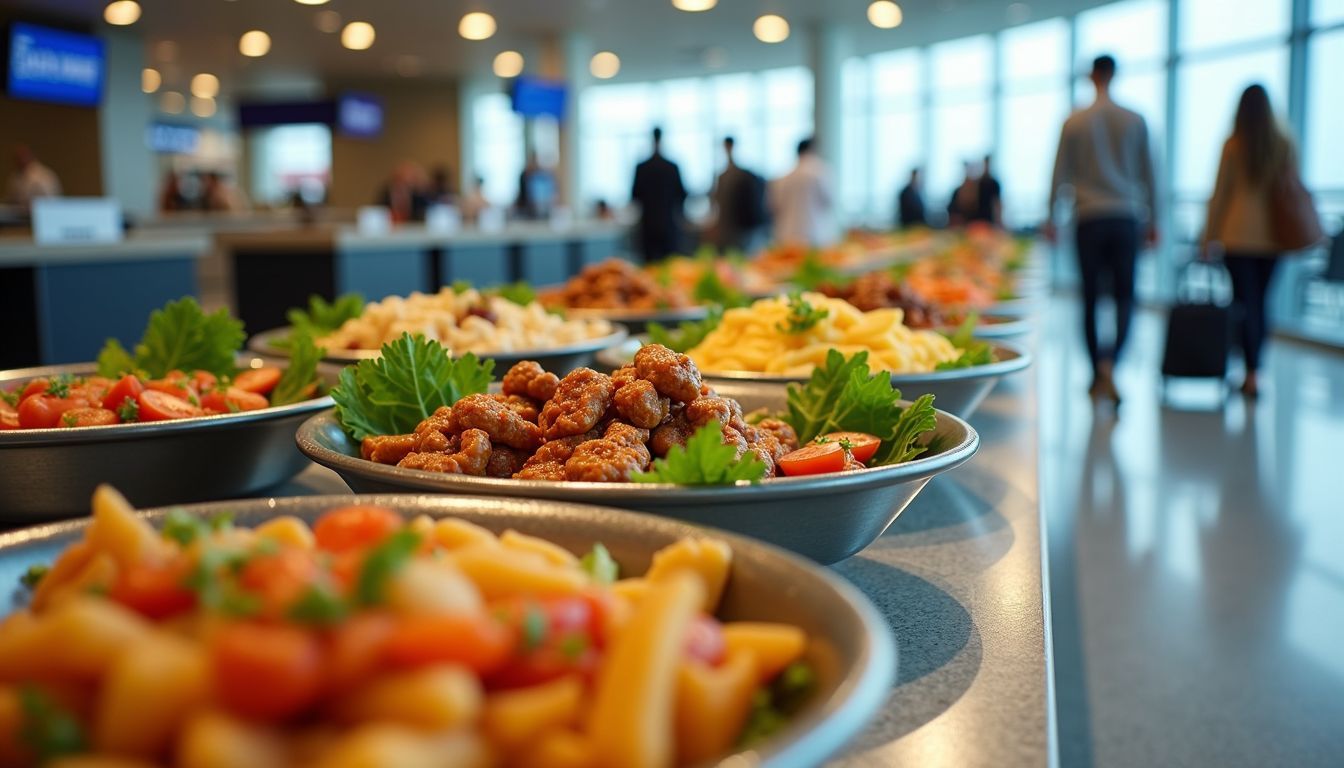 An airport lounge with vibrant local cuisine dishes and bustling travelers.