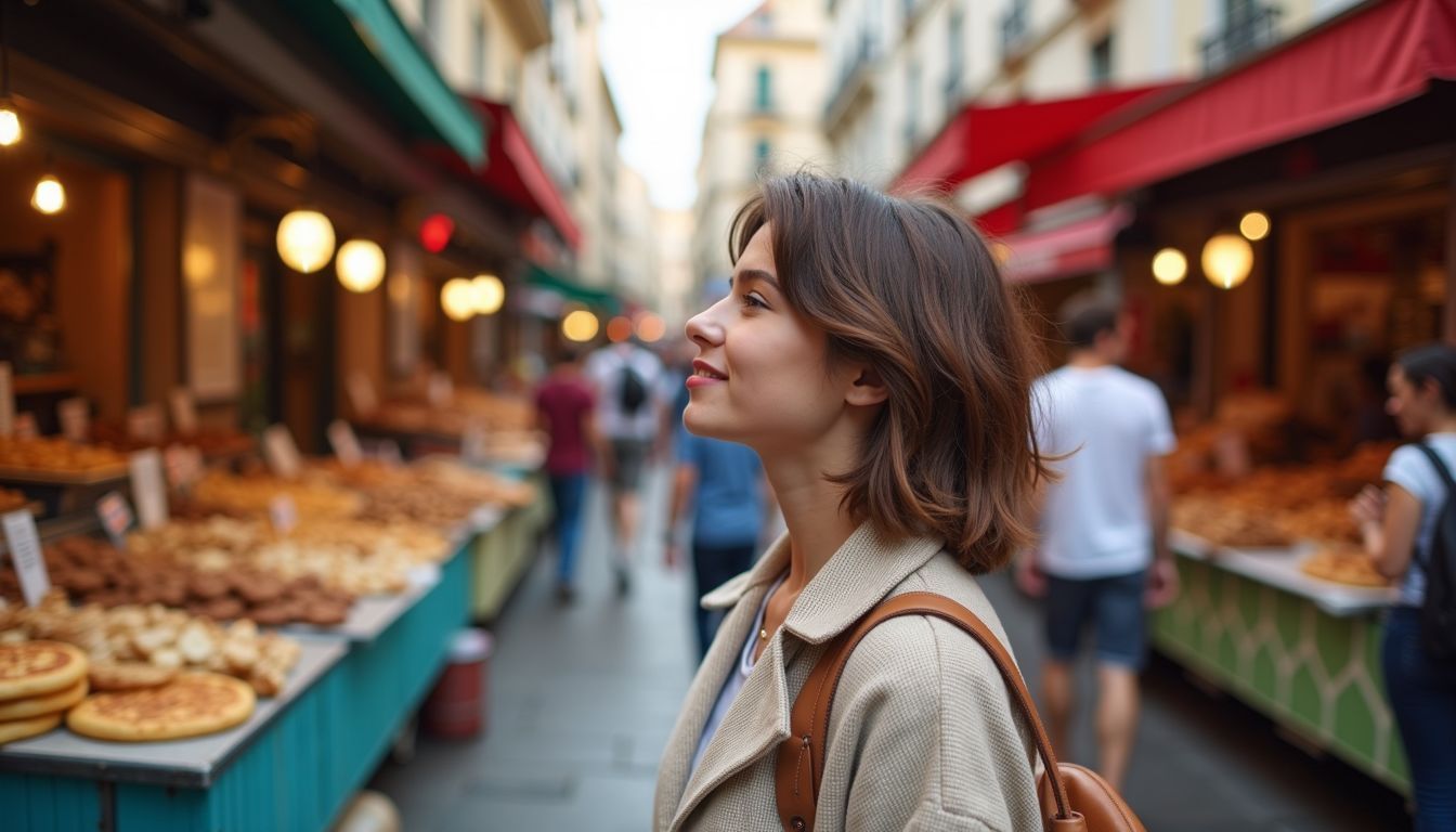 A person in their 30s exploring a lively outdoor food market.