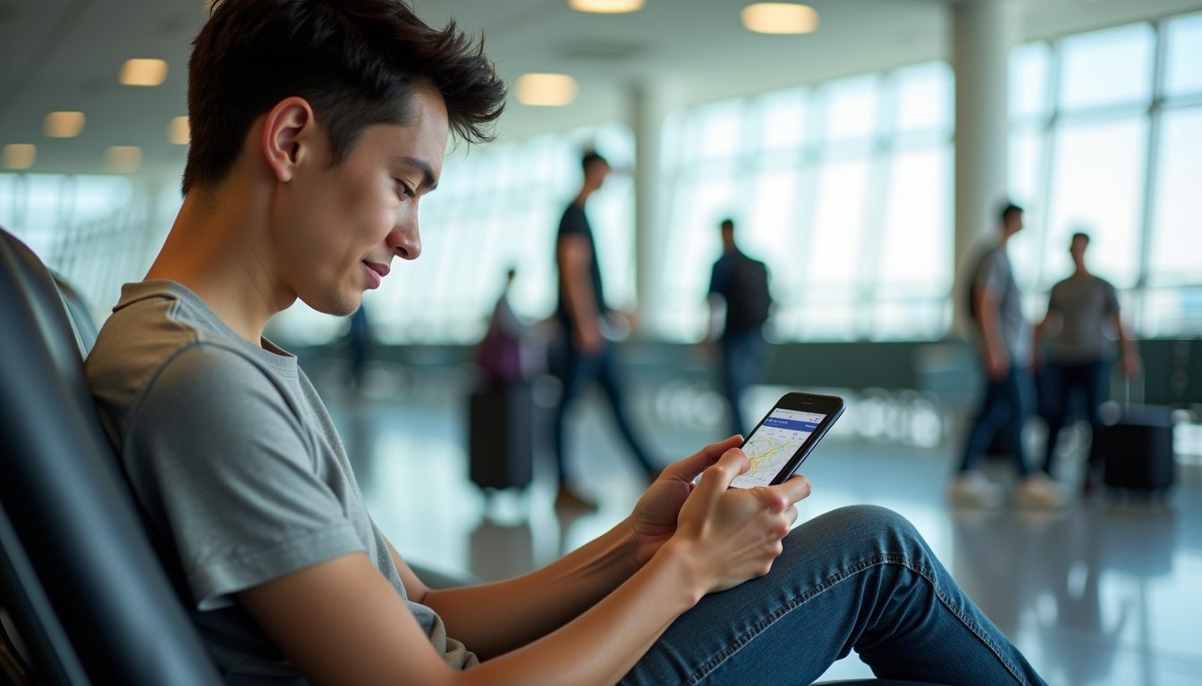 A person sitting in an airport terminal, checking smartphone for nearby food options.