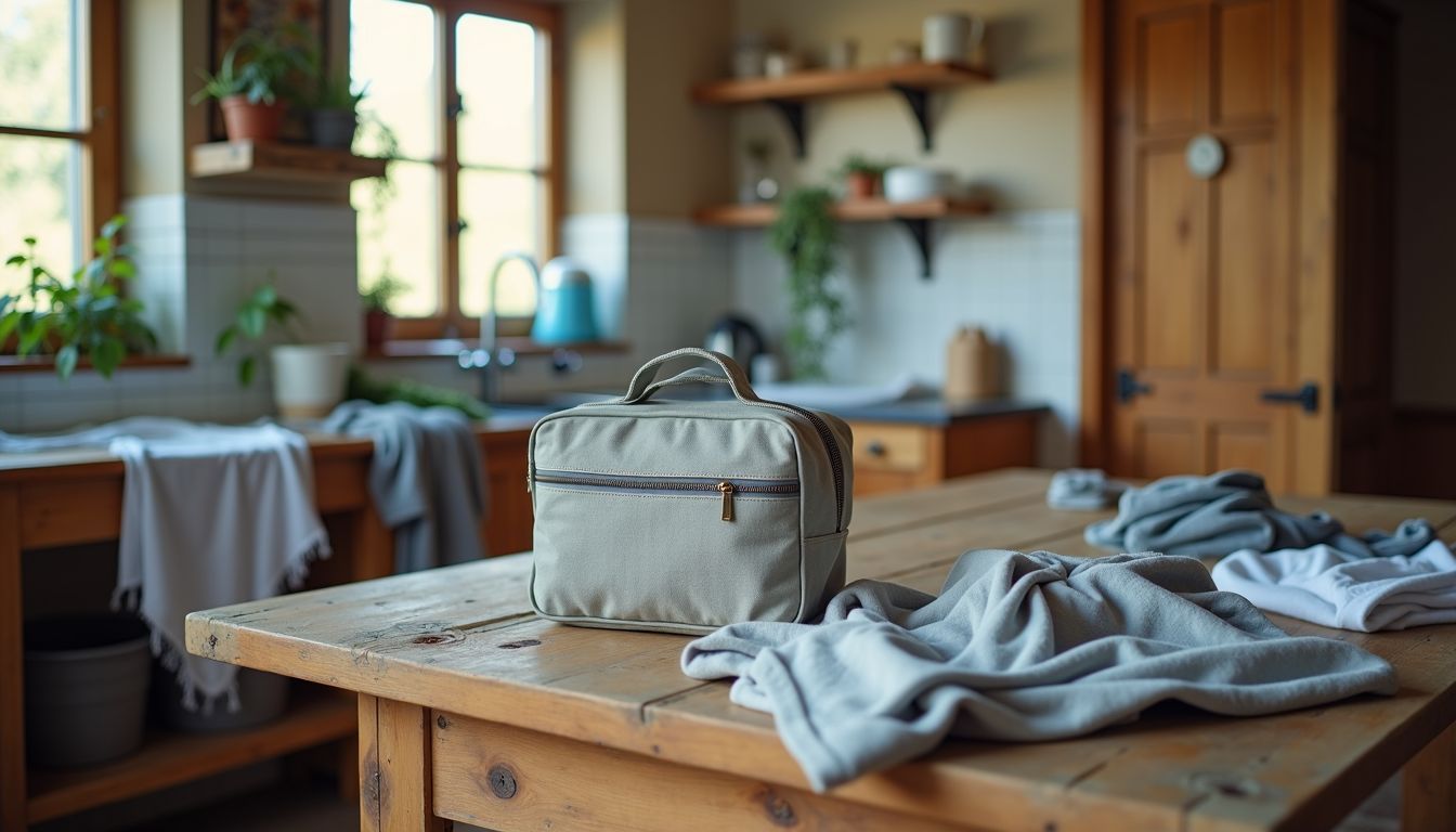 A laundry kit and travel clothes in a cozy guesthouse setting.