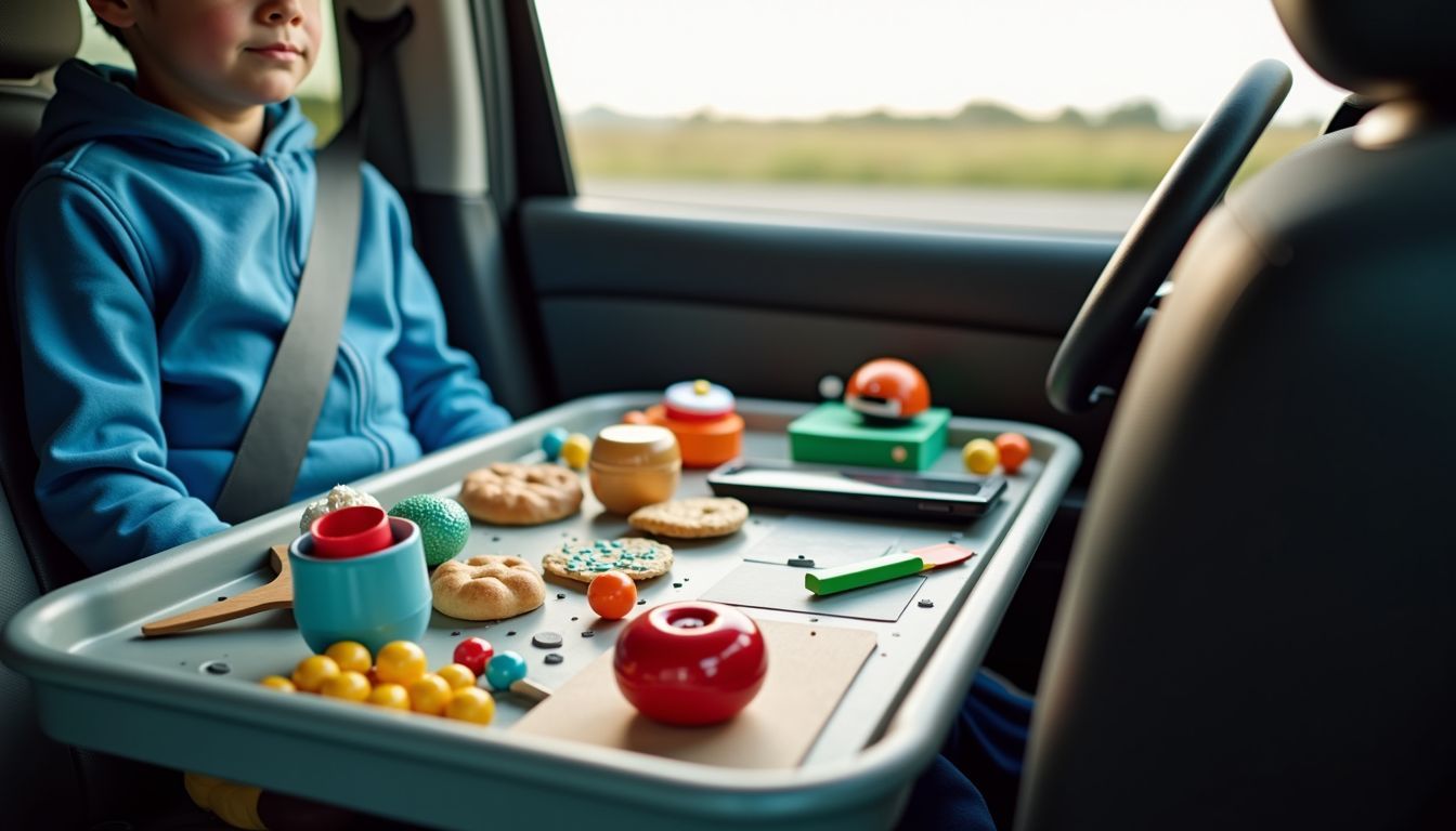 A travel tray in a moving car filled with toys and snacks.