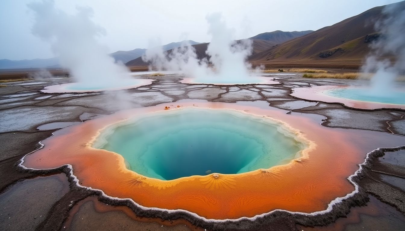 Colorful geothermal pools and steam rise from rocky terrain at Myvatn.