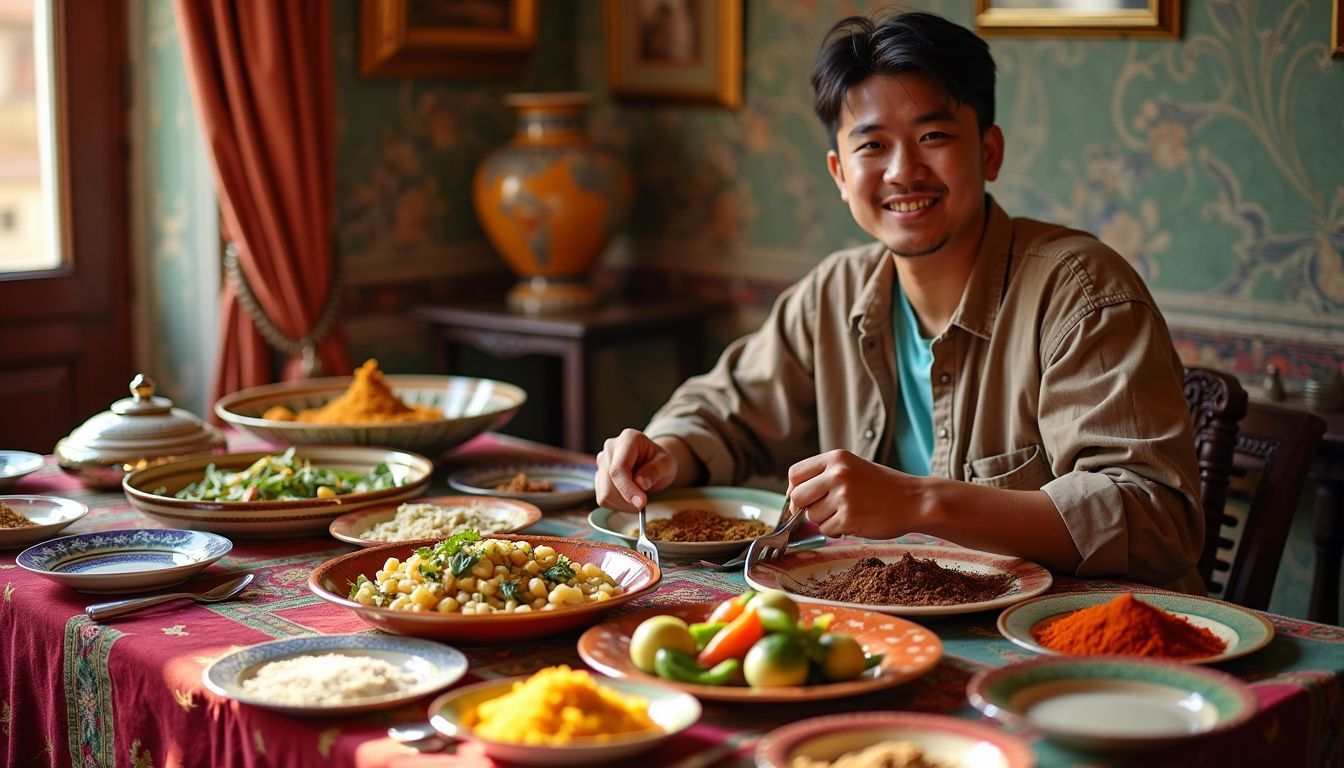 A person is enjoying a traditional Middle Eastern meal at a table.