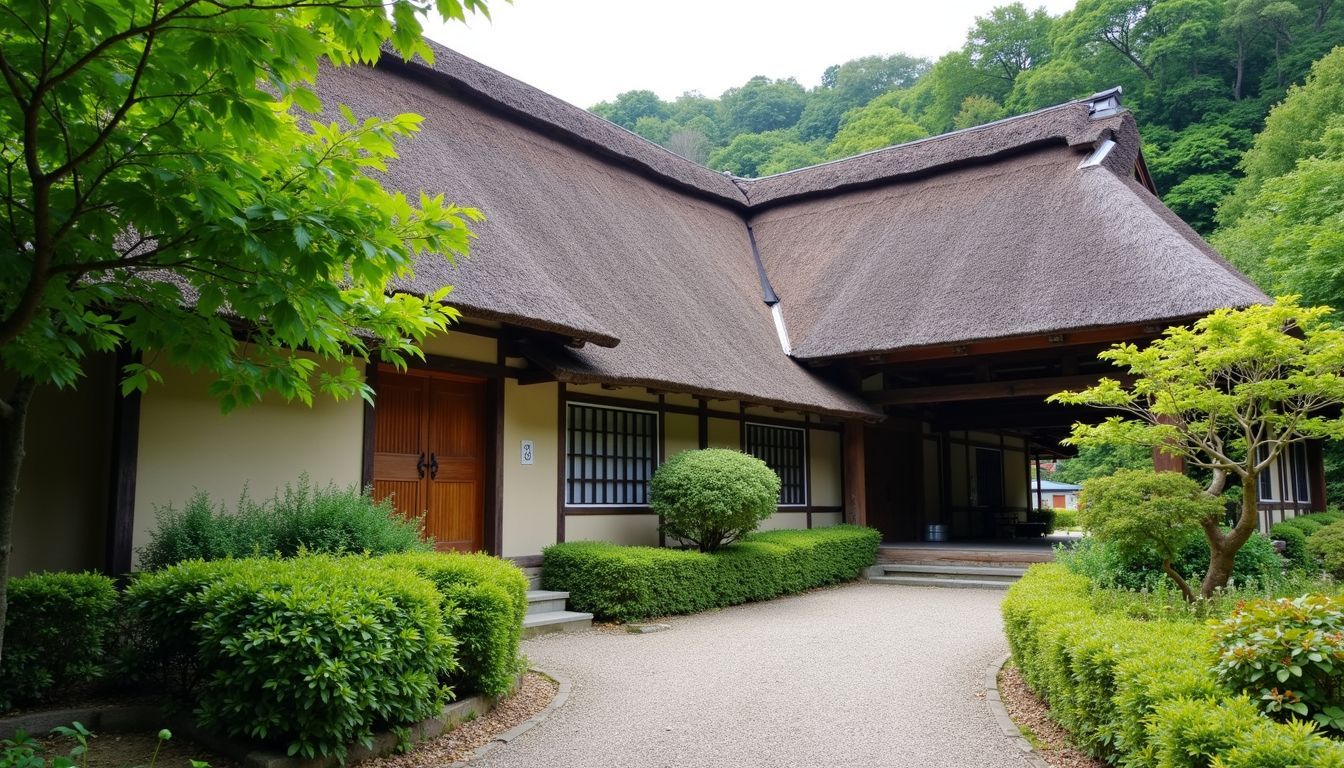 An old thatched roof house surrounded by lush gardens in Miyama.