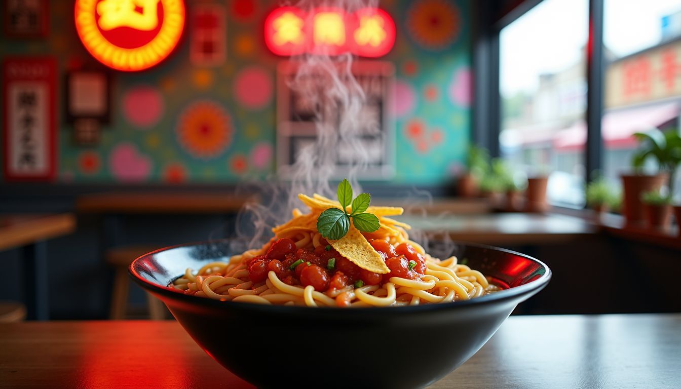 A bowl of ramen noodles topped with spicy salsa and tortilla strips.