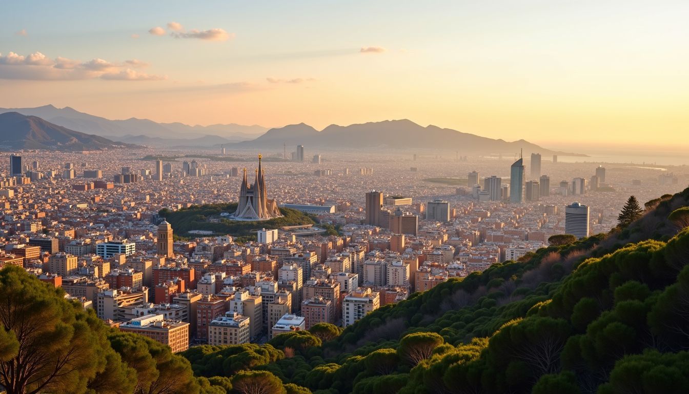 Aerial view of Barcelona's skyline during golden hour, highlighting iconic landmarks.