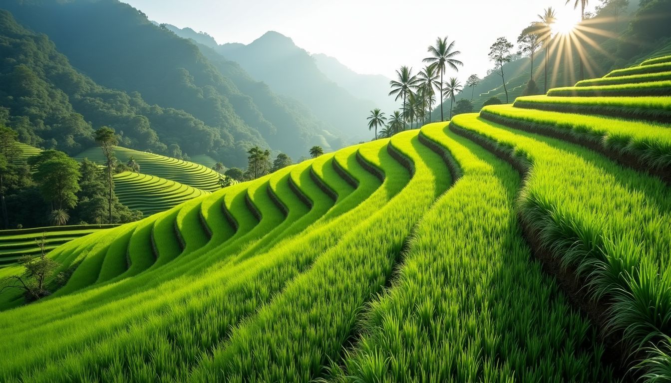 A tranquil rice terrace in Munduk village, surrounded by lush green fields.