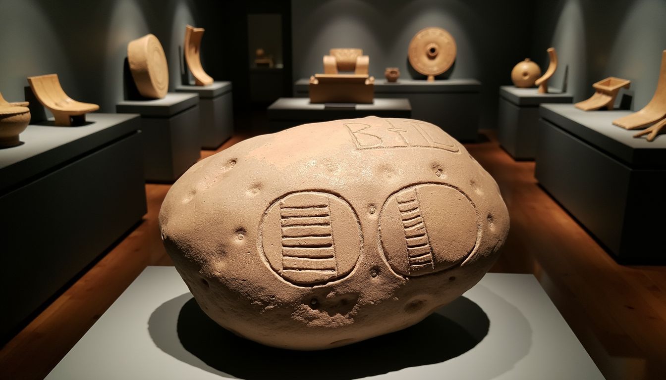 A photo of an ancient stone with intricate symbols at a museum.