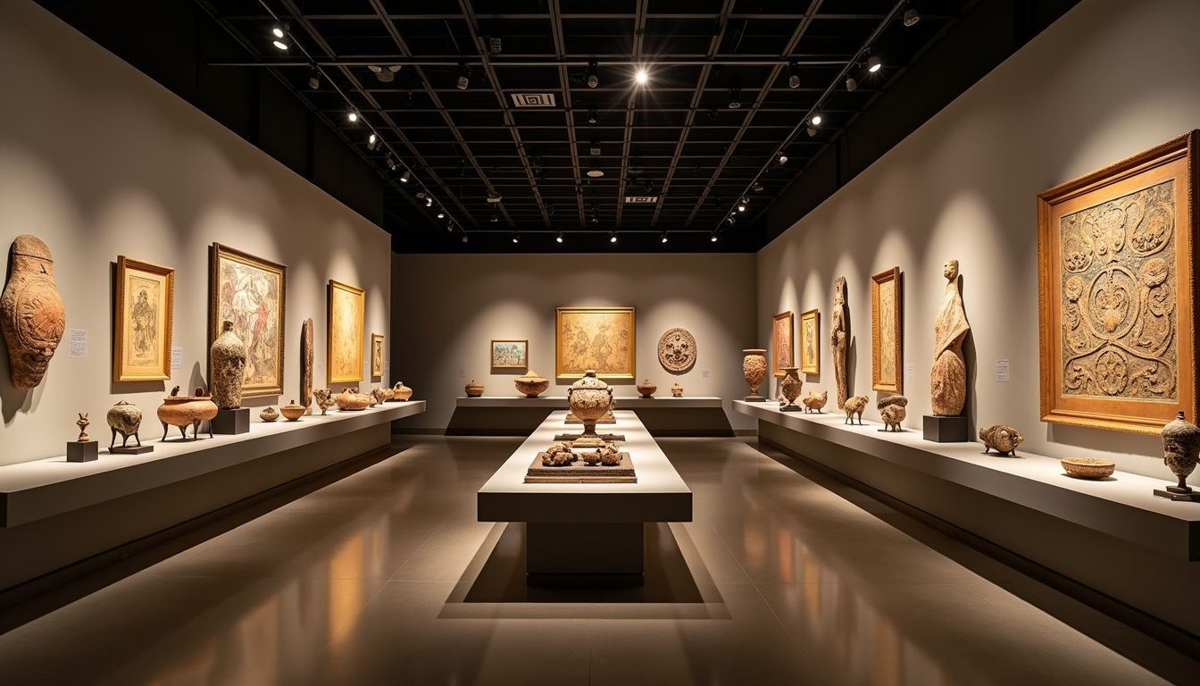 The museum gallery displays ancient artifacts and detailed artwork of Mexico's history.