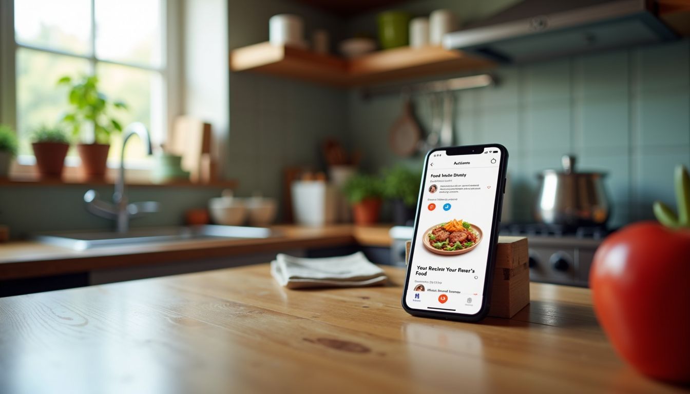 A smartphone displays food and dining apps on a kitchen counter.