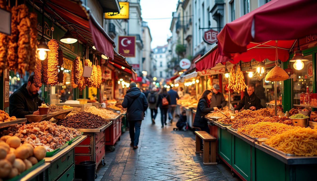 A bustling street in Istanbul filled with vibrant, colorful food stalls.