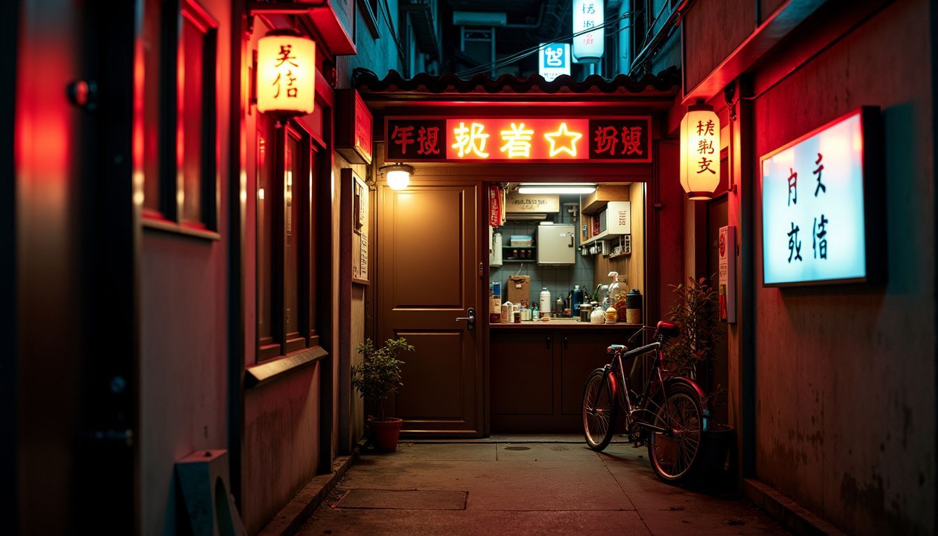 A dimly lit Tokyo back alley with a hidden izakaya entrance.