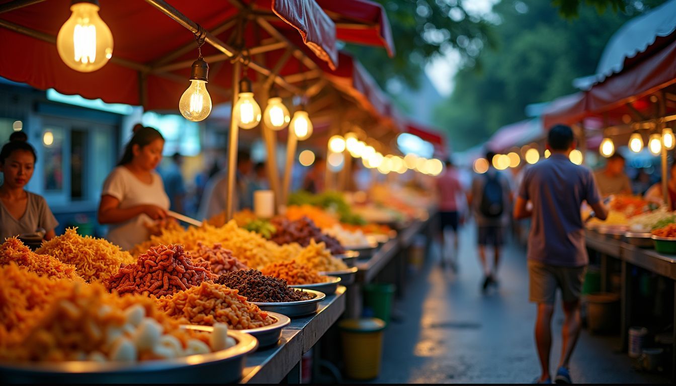 A busy street food market in Bangkok at dusk, showcasing vibrant stalls.