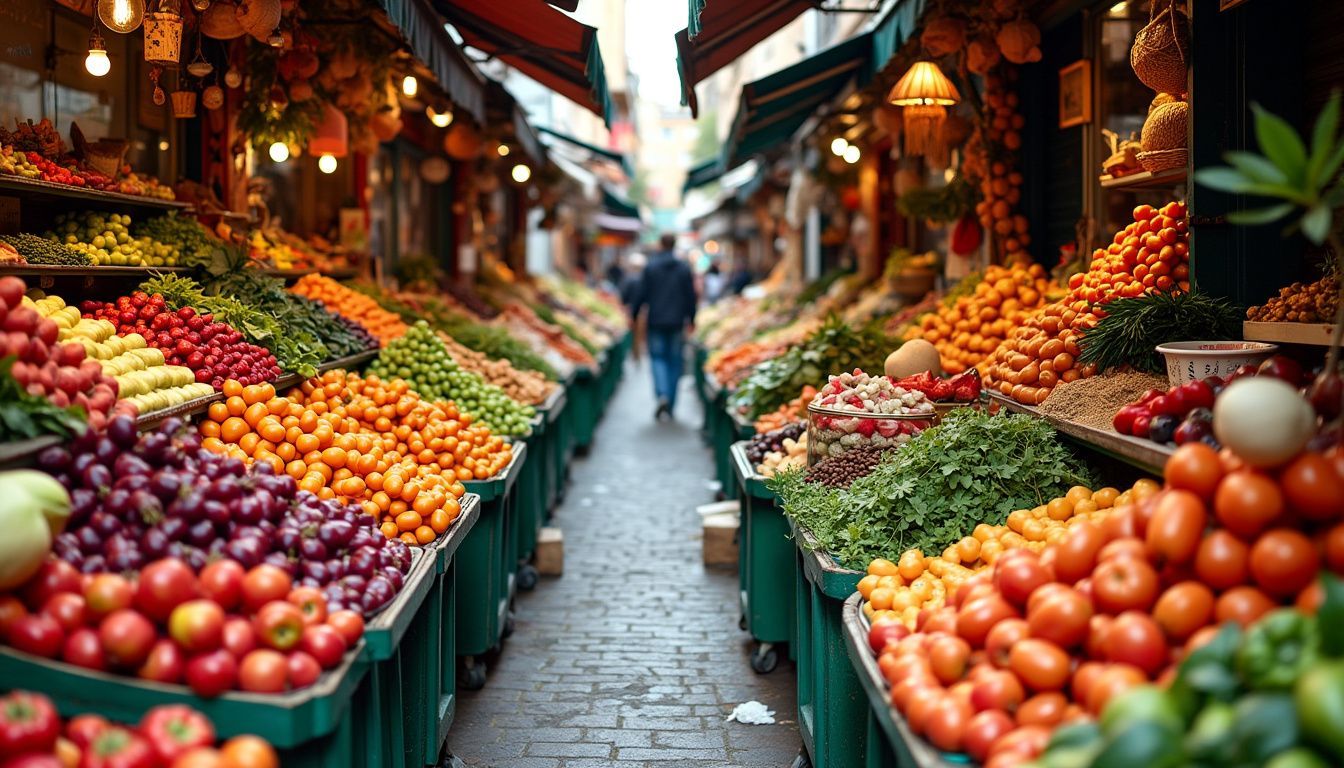 A lively market scene with colorful stalls selling various goods.