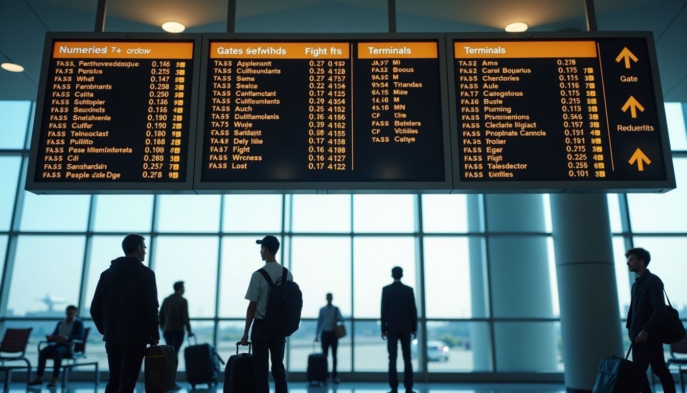 An airport information board displaying flight statuses, gate numbers, and terminals.