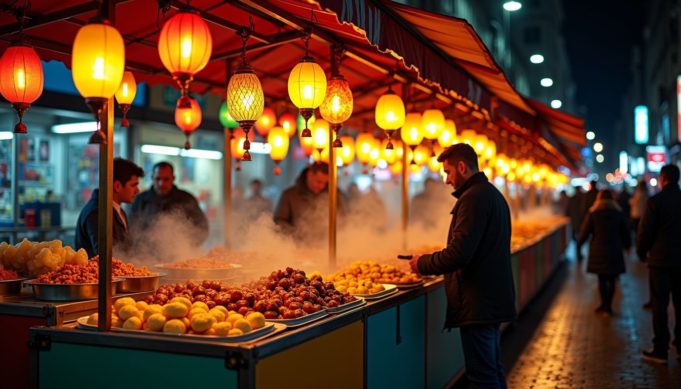 A bustling night market in Istanbul with vibrant stalls and food.